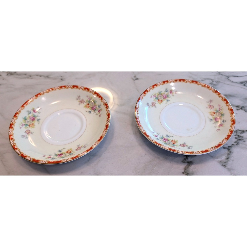 Vintage Kyoto China Saucers Made in Occupied Japan Floral Orange Border Set of 2